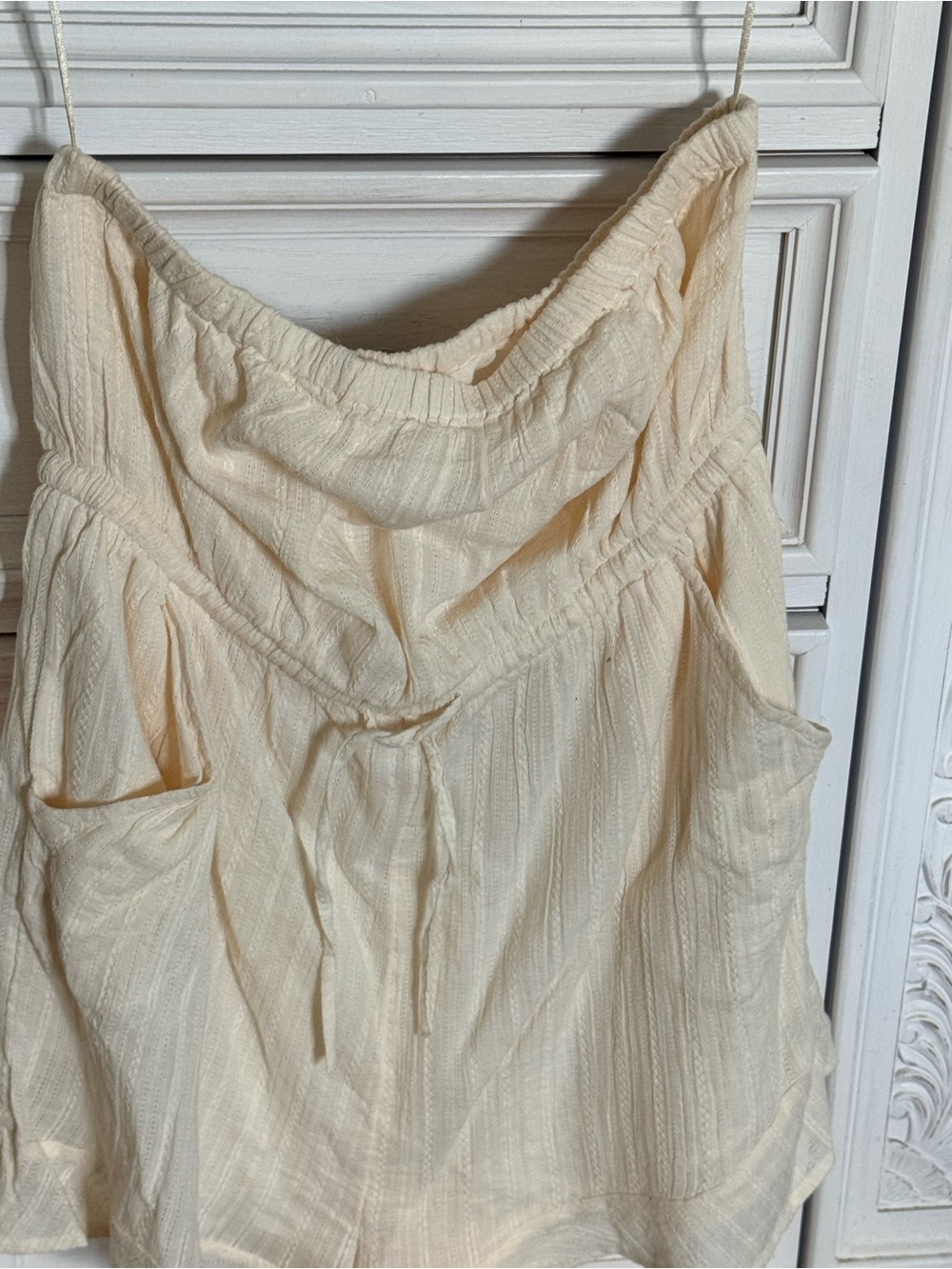 Rip Curl Cream Textured Strapless Romper Drawstring Waist Size Large